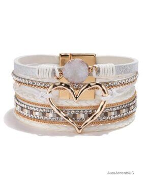 PU Leather Wrap Bracelet Heart Charm Layered Boho Bohemian Cuff for Women